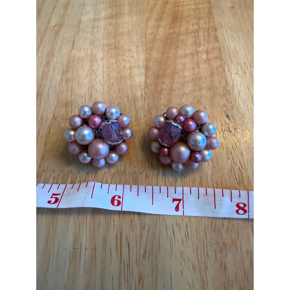 Vintage Japan Pink Faux Pearl Cluster Clip On Earrings Purple Glass Accent Dome